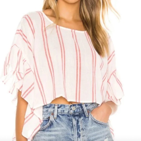 BCBGeneration l Rectangle Ruffle Sleeve Top Pink & White Striped Size Large - Picture 2 of 7